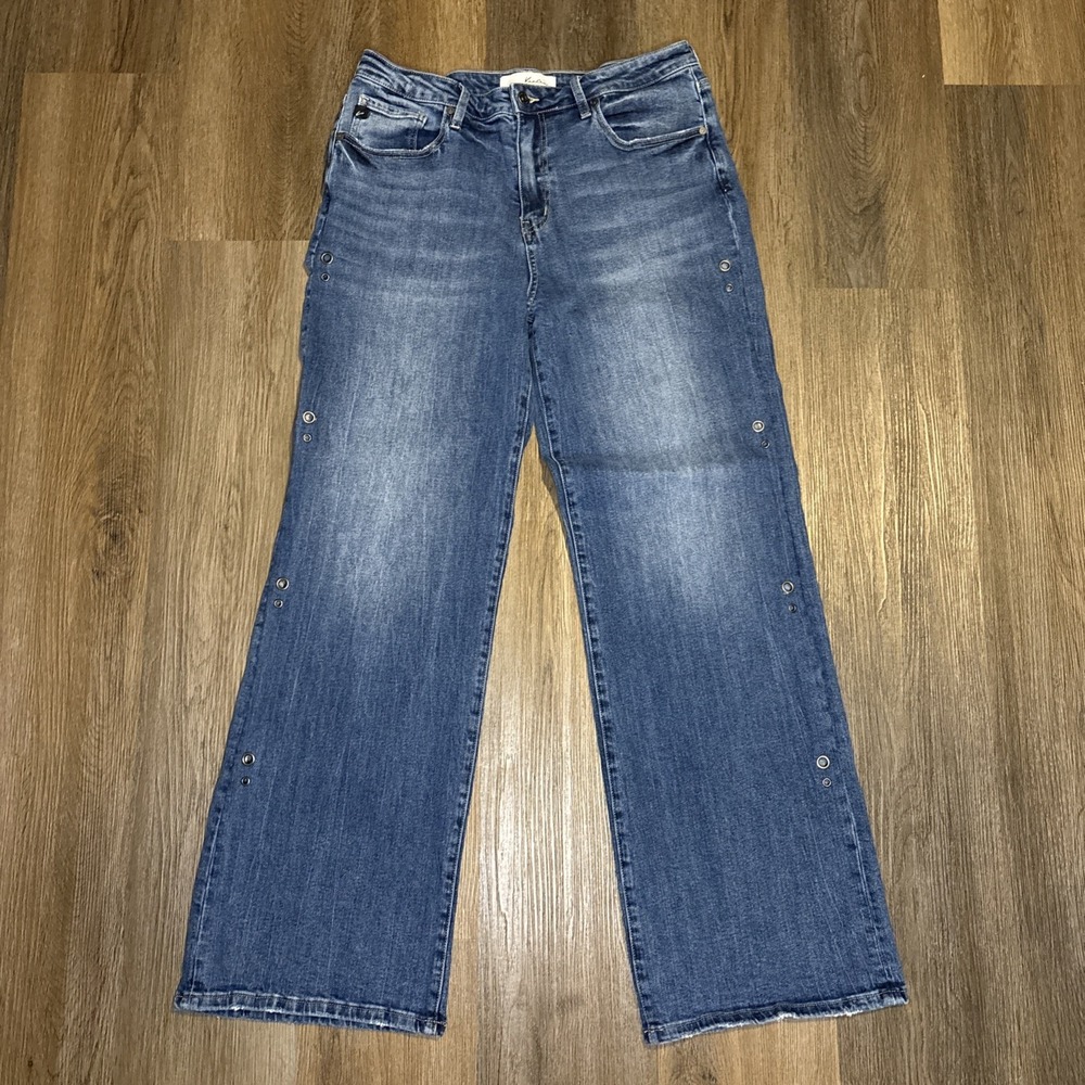 KanCan Wide Leg Flared Jeans in Medium Blue Wash